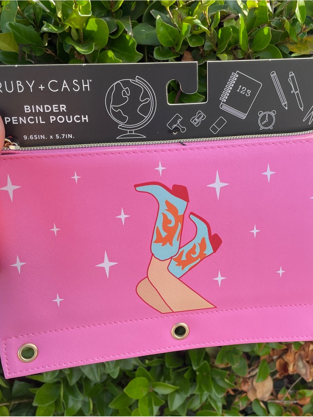 Ash Pink Pencil Pouch with Turquoise & Red Cowboy Boot Graphic